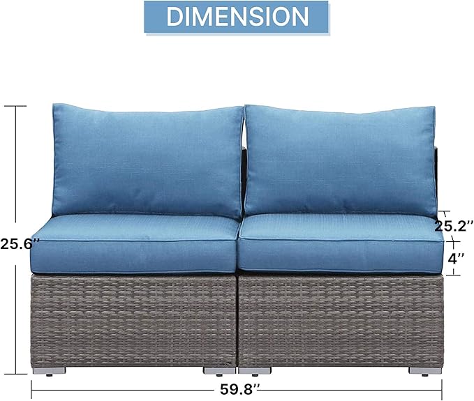 Solaste Wider 2 Pieces Outdoor Sofa, Patio Rattan Sectional Sofa, All-Weather Wicker Armless Patio Loveseat Furniture with Cushion for Porch Balcony Garden Poolside (Blue)