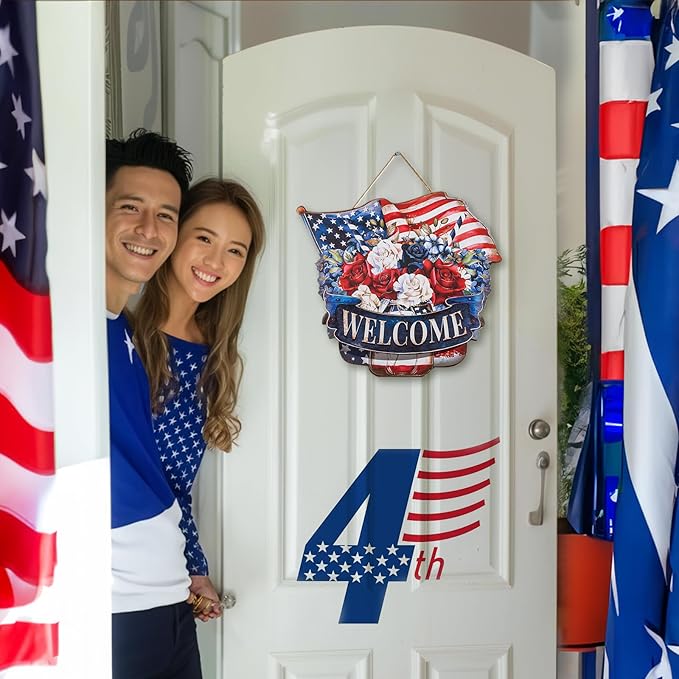 4th of July Decorations for Door: Metal Patriotic Wreath Outdoor 14" Red White and Blue Decor Fourth July Memorial Day Sign Large Mason Jar Wall Hanging Independence Vintage for Outside Indoor