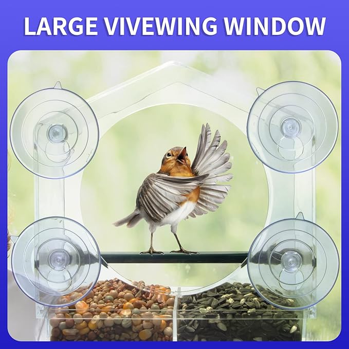 Window Bird Feeder with 4 Extra Strong Suction Cups, Large Outdoor Bird House for Cardinals Bluebird Chickadees etc.