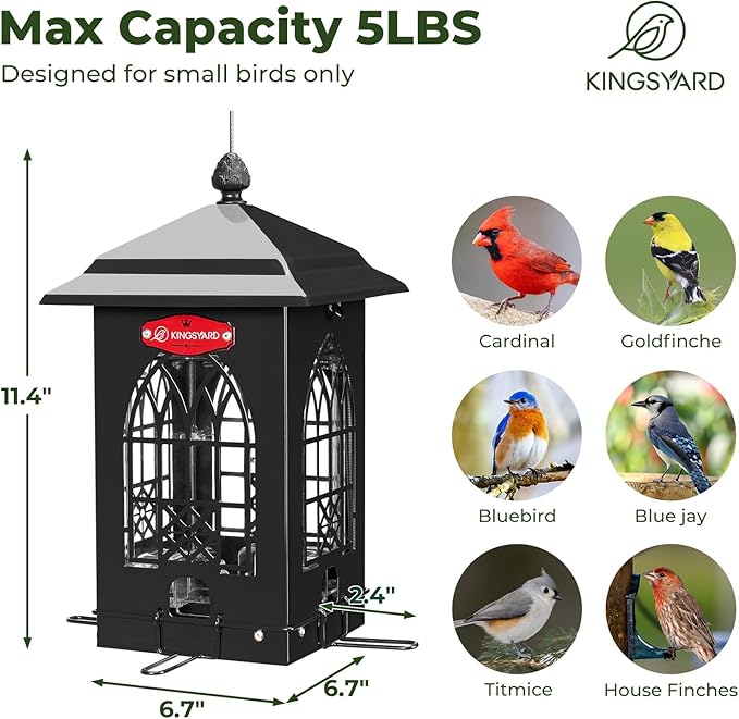 Kingsyard Squirrel Proof Bird Feeders for Outdoors with Weight-Activated Perches, 5 Lbs Capacity Large Metal Bird Feeder House for Small Wildbirds Cardinal Finch Bluebird, Weatherproof, Sequin Black
