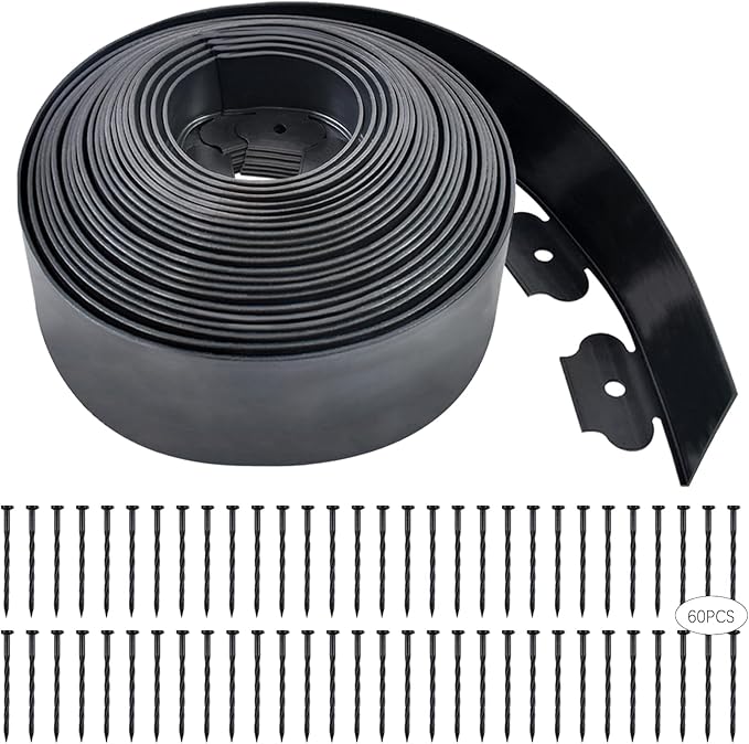 Garden Edging, 4 Inch x 60 Ft Black Landscape Edging, 60 Spikes for Lawn 4 Inch Tall