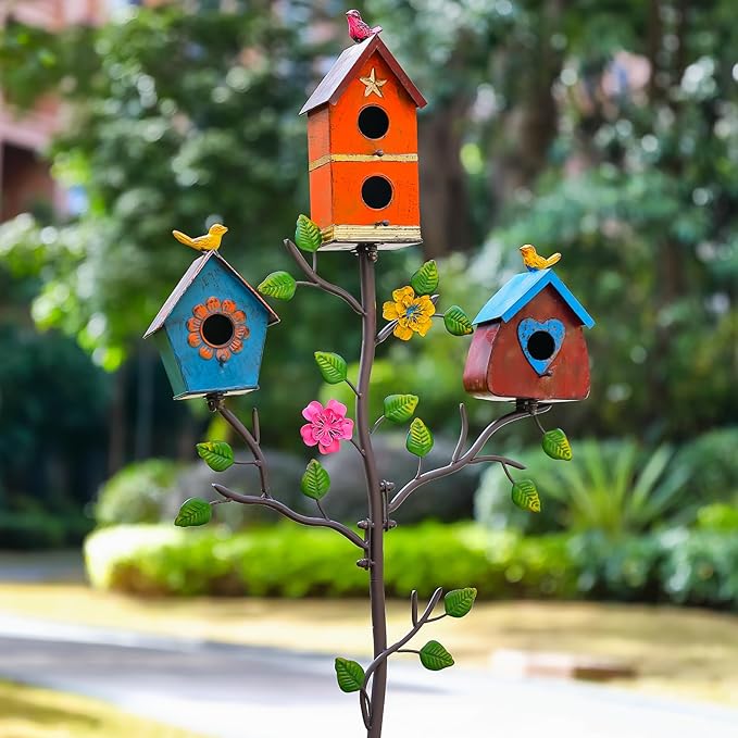 Multi-Bird Houses for Outside with Pole, Durable Colorful Birdhouse on Stake, Easy Clear, Metal Bird Houses for Outside