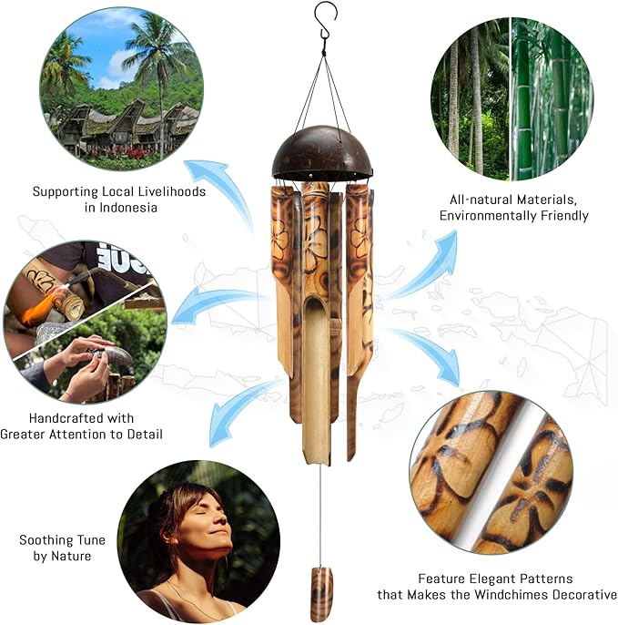 ASTARIN Bamboo Wind Chimes for Outside,Handcrafted Wooden Wind Chimes for Outside with Coconut Crown, Floral Burned Design Bamboo Windchimes for Garden,Yard,Home(44 Inch) (FSC Certified)