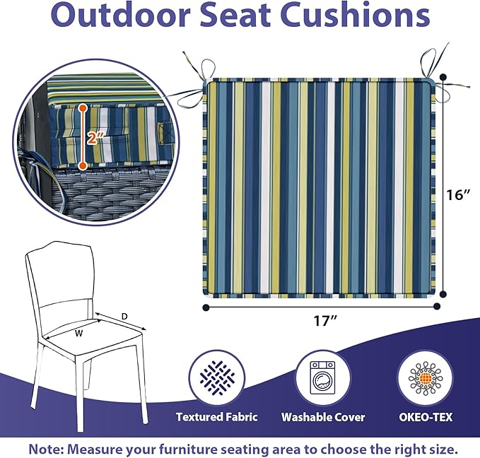 Outdoor Chair Cushions Set of 4,Waterproof Outdoor Seat Cushions for Patio Furniture,Patio Chair Cushion with Handle and Ties, Out Door Chair Pads,17" x 16" x 2", Blue Stripe