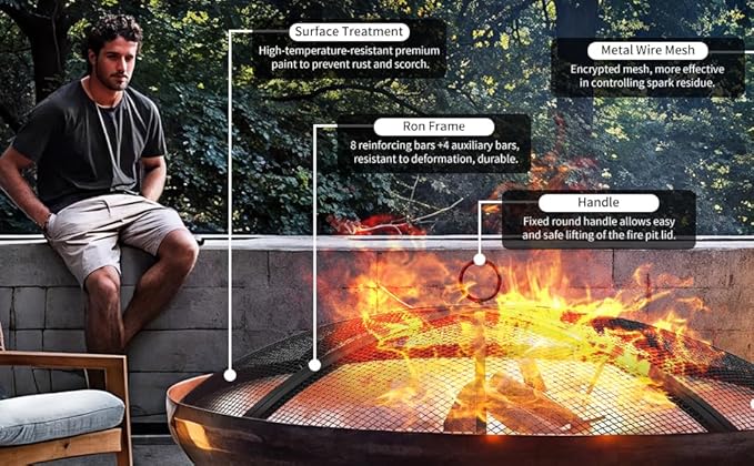 Fire Pit Spark Screen, Outdoor 22 Inch Round Fire Pit Screen with Foldable Hook and Fire Safety Gloves, Heavy Duty Steel Mesh Fire Pit Cover, Fire Pit Lid for Backyard, Beach, RV Camping