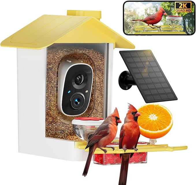 Bird Feeder with Camera 2K HD AI Smart Identify BirdSpecies Solar Panel Outdoors Birdhouse with Cam, Instant Arrival Alerts, Capture BirdVideo, Gifts for Mom Dad (Yellow)