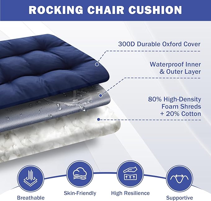 Rocking Chair Cushion, Waterproof and Fade-Resistant Patio Chair Cushions, Tufted Chair Pads for Rocker Furniture, 17x17 Inch, Indoor/Outdoor Seat Cushions with Ties, Navy Blue