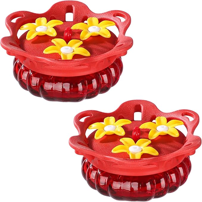 Set of 2 Glass Hummingbird Feeders for Outdoors Hanging with 3 Bee Guard Feeding Ports, 3.4OZ Handheld Humming Birds Feeders for Outside, Gifts for Women Mom, Red