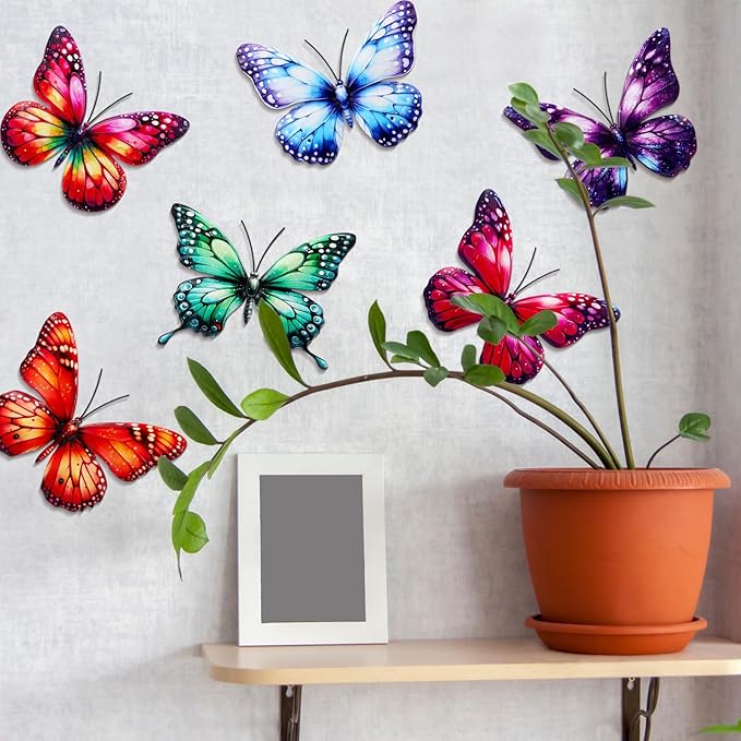 8 Pcs 3D Metal Butterfly Wall Decor 5. 12 x 6. 69 Inches Colorful Butterfly Hanging Wall Art for Garden Yard Living Room Bedroom Patio Balcony Outdoor Fence Decoration(Elegant Style)