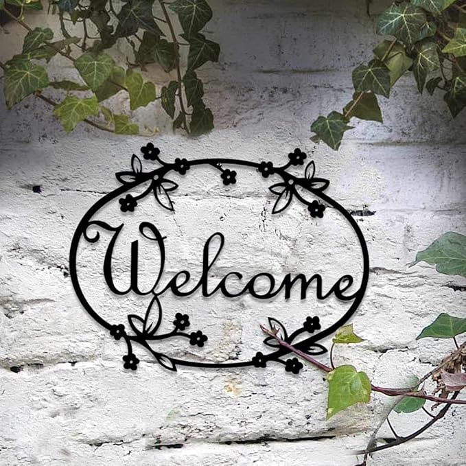 12" American Made Iron Outdoor Welcome Sign - Floral Design