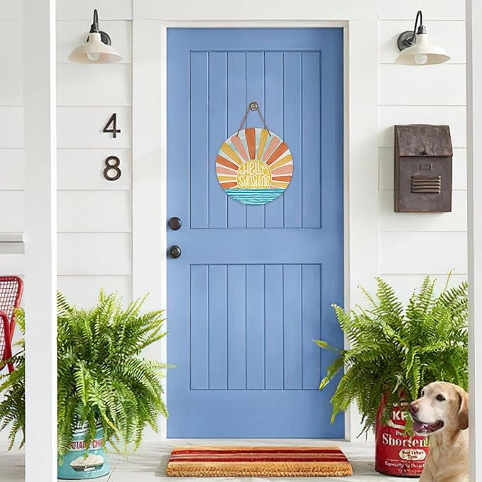 Hello Sunshine Sun Summer Front Door Sign, Spring Boho Sunset Over The Sea Wood Door Hanger Outdoor Outside Porch Decor, Bohemian Ocean Wooden Wreath Indoor Wall Hanging Decoration