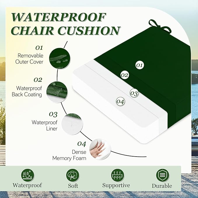 Waterproof Outdoor Chair Cushions Set of 2, Square Outdoor Seat Cushions with Ties and Removable Covers, 22 x 22 Outdoor Cushions for Patio Furniture with Portable Handle(Forest Green)