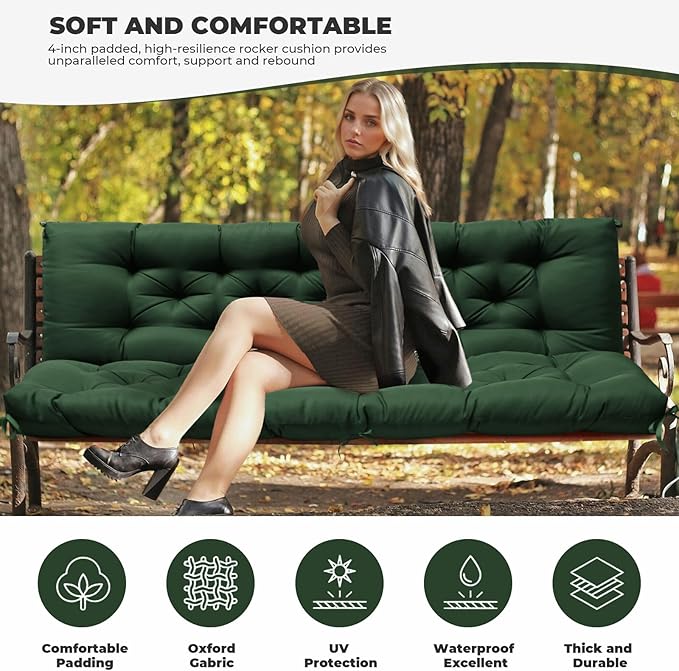 Porch Swing Cushions, Waterproof Swing Cushions Replacement with Backrest, Outdoor Swing Bench Cushions 2-3 Seater Replacement for Patio Furniture 60x40 (Green)