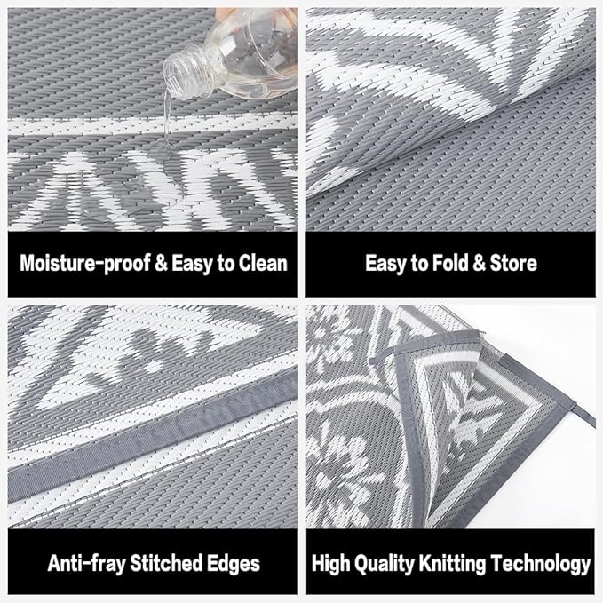 HUGEAR Outdoor Rug 9'x12' Patio Waterproof Mat Camping Carpet Outside Area Rug Reversible Grey Rugs for RV Deck Entryance Porch Picnic Balcony Beach