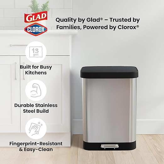 Glad 13-Gallon Stainless Steel Step Trash Can with Clorox Odor Protection, Soft Close Lid, Foot Pedal & Waste Bag Holder – Large Indoor Metal Garbage Bin for Kitchen, Home & Office Use