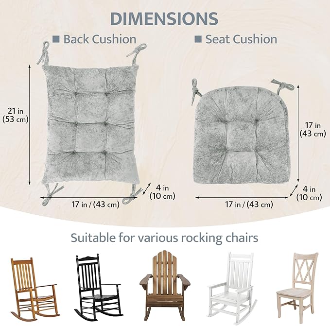 mudilun Rocking Chair Cushion Set - Non-Slip Tufted Rocking Chair Cushions with Ties Soft Indoor/Outdoor Wooden Rocking Chair Seat Pad for Porch Garden Cafe & Nursing