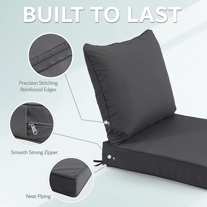 22x22 Inch Patio Chair Cushions Set of 2, Outdoor Furniture Cushions - Removable Cover, Water-Repellent, Fade-Resistant, Non-Slip Bottom & Straps, Replacement for Lawn, Porch & Deck Chair - Dark Grey