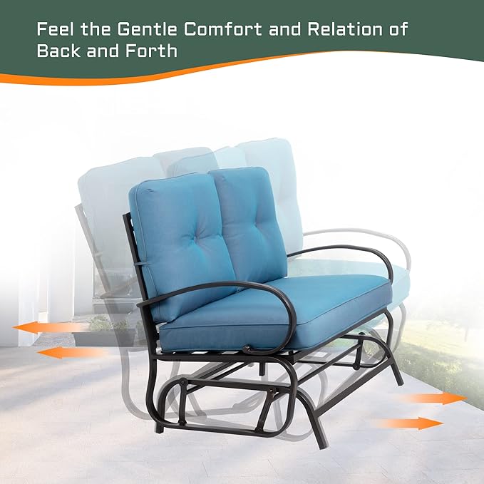 Shintenchi Metal Outdoor Patio Swing Glider Bench, Loveseat Rocking Chair, Wrought Iron Patio Furniture Steel Frame Glider Chair with Cushion for Porch, Balcony, Garden(Ocean Blue)