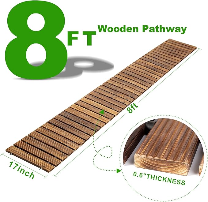 LINSHRY 8FT Wooden Garden Pathway, Outdoor Roll Out Decorative Garden Walkway, Weather-Resistant Non-Slip Hardwood Pathway for Garden, Backyard, Beach, Wedding Party Pathways(Dark Brown)