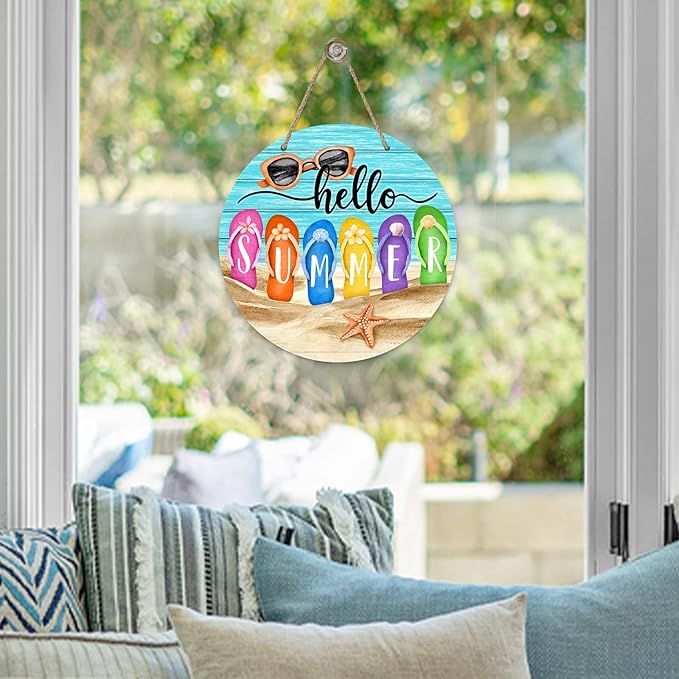 Deroro Hello Summer Beach Flip Flops Sign for Front Door Decor, Sunglasses Starfish Coastal Wood Hanger for Outdoor Outside Porch, Seasonal Farmhouse Wooden Wreath Indoor Wall Hanging Decorations