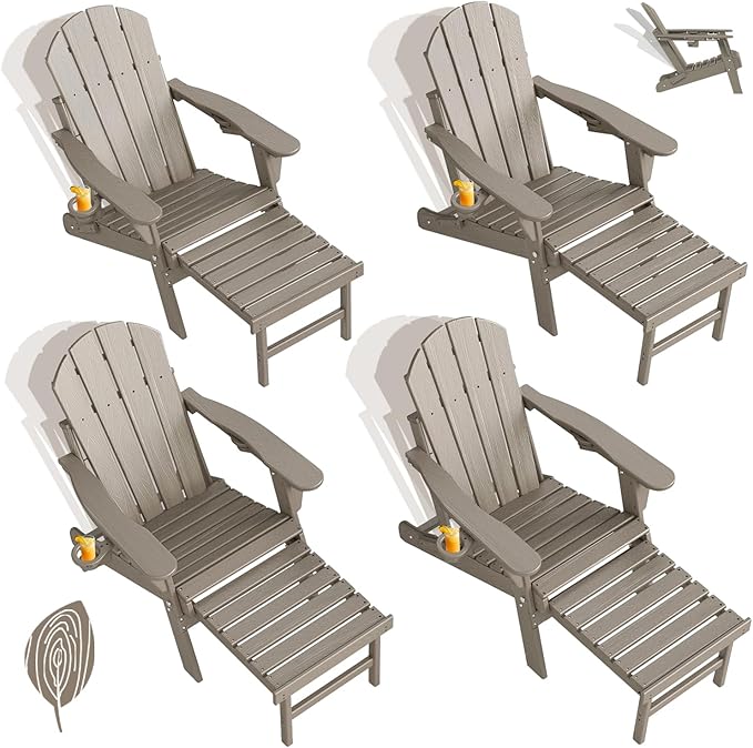 GREENVINES Adjustable Adirondack Chair with Retractable Ottoman Set of 4 | Folding | Wood Grain HDPE Plastic | Fire Pit Chairs w/Foot Rest | 2 Cup Holders | Desert Brown | for Outdoor Poolside