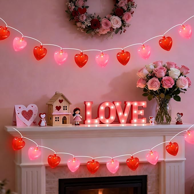 8.5Ft Valentines Day Decorations, Red & Pink Heart String Lights with 10 LED Clear Red and Pink Heart Lights, Connectable Romantic Valentine's Day Light for Wedding Valentine Anniversary Party