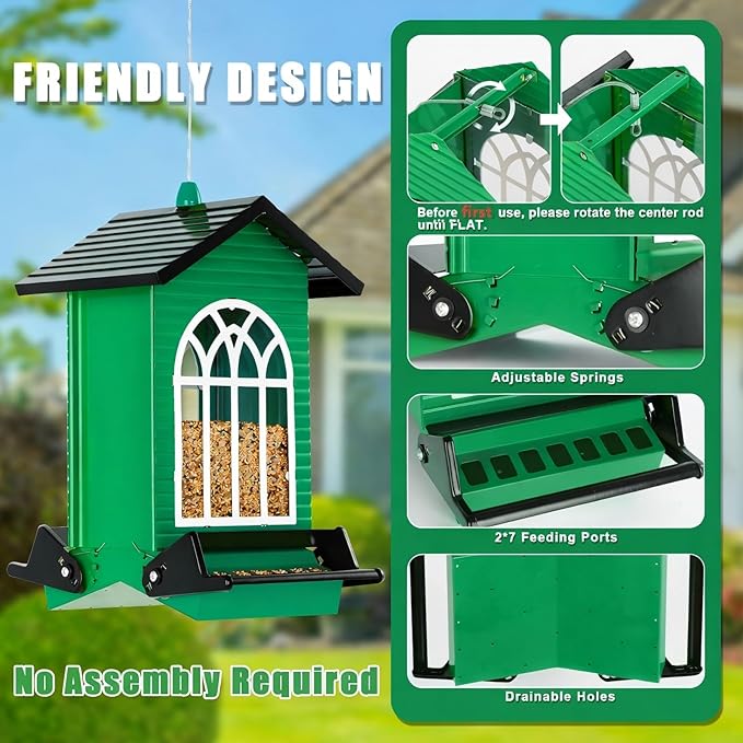 Squirrel Proof Bird Feeder for Outdoors,5LB Large Capacity,Metal Wild Bird Seed Feeder with Bilateral Weight-Activated Perches for Outside Hanging,Garden Decoration,Green