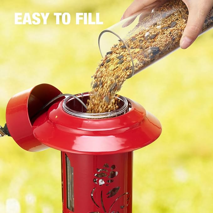 Veehoo Squirrel Proof Bird Feeder for Outdoors, Hanging Wild Bird Feeder Anti Squirrel with Weight-Activated Perches, Metal Cardinal Finch Feeder Outside Decorative for Thistle and Mixed Seed, Red