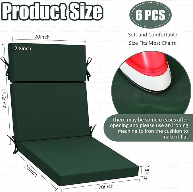 6 Pack Outdoor High Back Chair Cushion, 44 x 20 inches Patio Chair Cushions Waterproof Rocking Cushions Indoor Furniture Seat Pad, Weather Resistant (Solid,Dark Green)