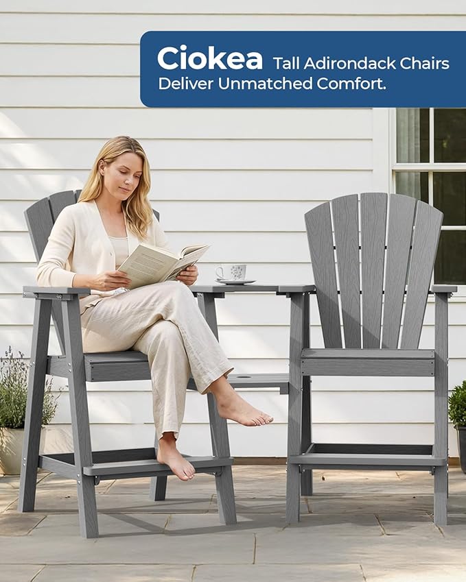 Ciokea Tall Adirondack Chairs Set of 4, HDPE Outdoor High Back Adirondack Chair with Double Connecting Tray, Weather Resistant Balcony Chairs for Deck, Lawn, Pool, Backyard, Gray