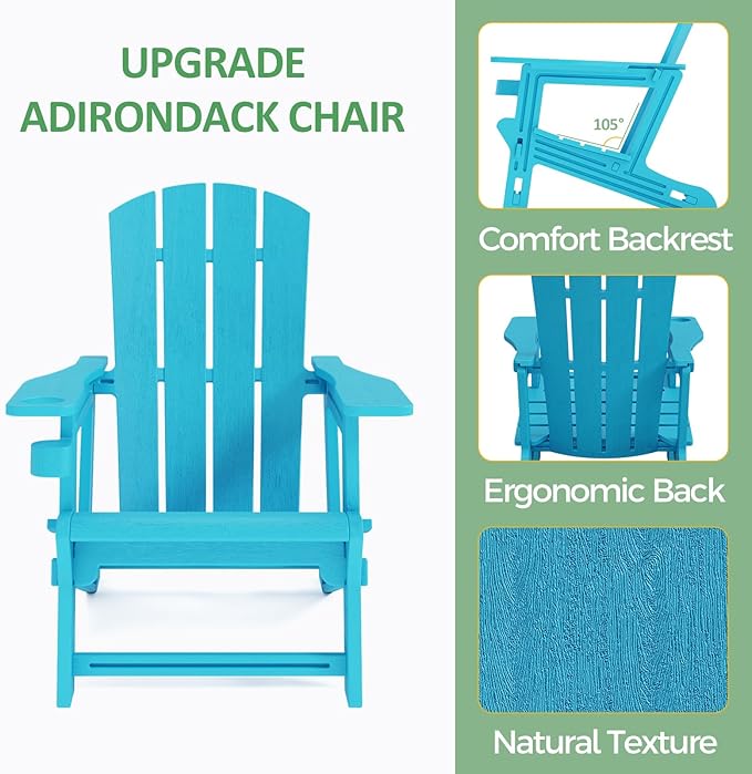 Adirondack Chair, Plastic Outdoor Patio Adirondack with Cup Holder, 400 LBS Capacity Recliner Chair Garden for Backyard Lawn Beach Sky Blue