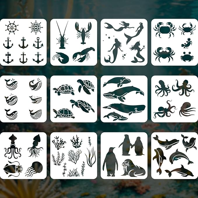YKW 12 Pcs Sea Life Stencils Set, Reusable Marine Creatures Painting Templates for DIY Ocean Crafts, Nautical Decor, for Wood Walls Chalkboards Rocks DIY Art Projects,Ideal for Crafters,and Artists