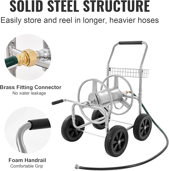 VEVOR Hose Reel Cart, Hold Up to 250 ft of 5/8’’ Hose, Garden Water Hose Carts Mobile Tools with 4 Wheels, Heavy Duty Powder-Coated Steel Outdoor Planting with Storage Basket, for Garden, Yard, Lawn