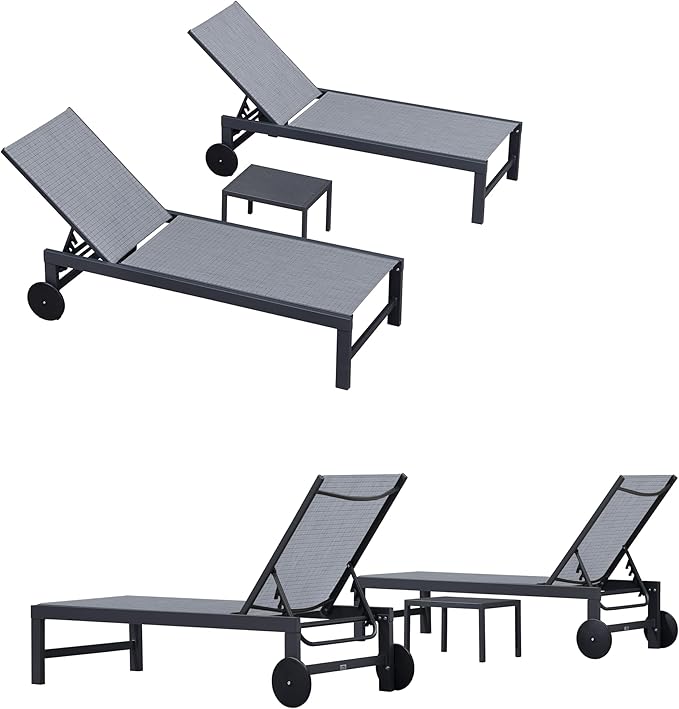 PURPLE LEAF Chaise Lounge Chair with Wheels for Outside 4 Pieces Aluminum Outdoor Lounge Chairs with 5 Adjustable Position Recliner for Patio Beach Yard Pool Side Table Included Mixed Grey