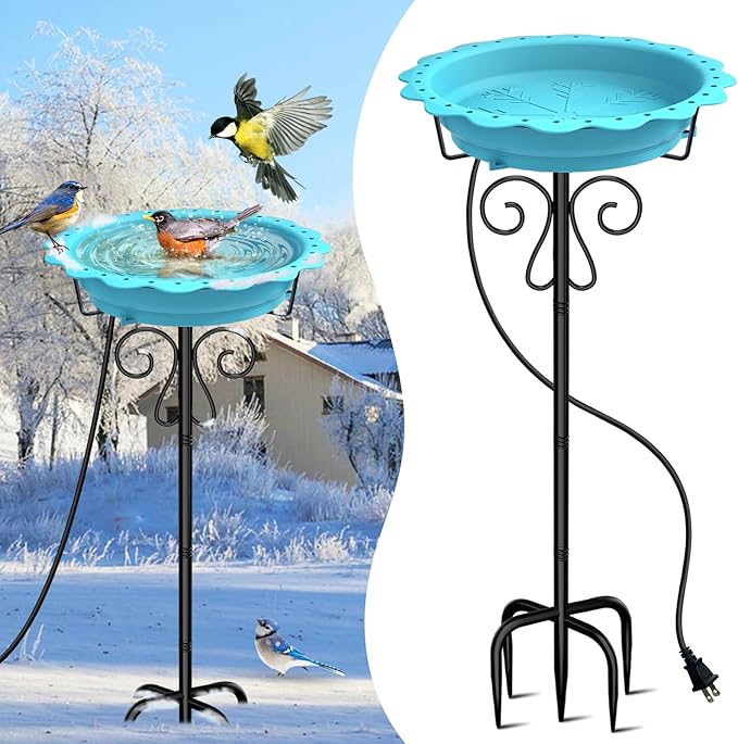 Heated Bird Bath for Outside Winter, Powerful 100W Thermostat Control Heated Bird Baths for Outdoors with 5-Prong Metal Stake, Heated Birdbath Water Heater for Garden Yard Patio Lawn (Blue)