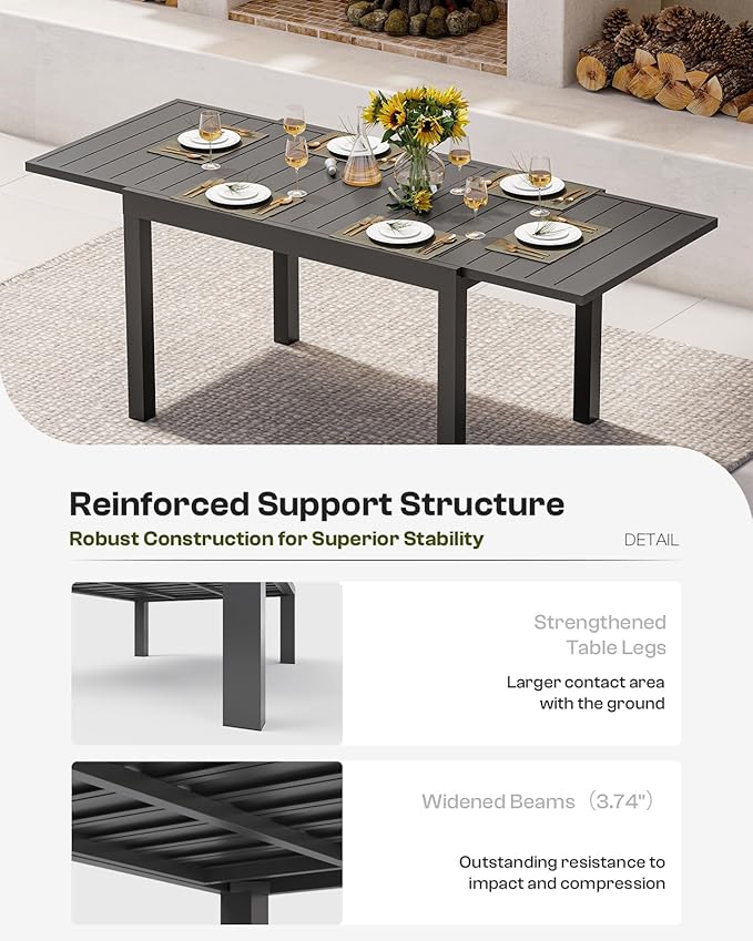 All-Aluminum Expandable Outdoor Patio Dining Table for 4-8 Person, All-Weather Rectangular Outdoor Table(48"-79") with Smooth Cilde Rails & Secure Locking Handle for Garden, Indoor, Gray