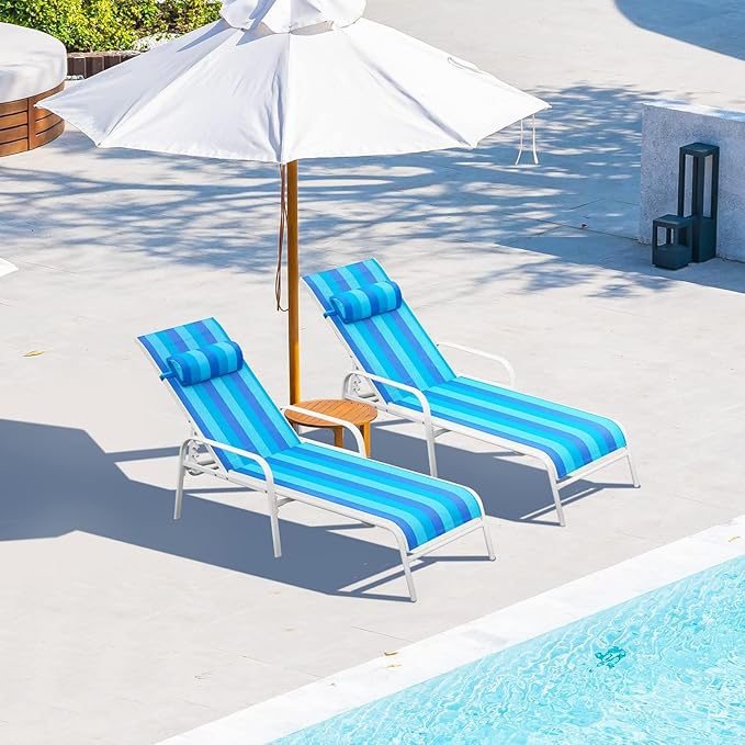 EROMMY Patio Chaise Lounge, Set of 2 Outdoor Lounge Chair, for Beach Pool Sunbathing Lawn Lounger Recliner Chiar Outside Tanning Chairs for All Weather