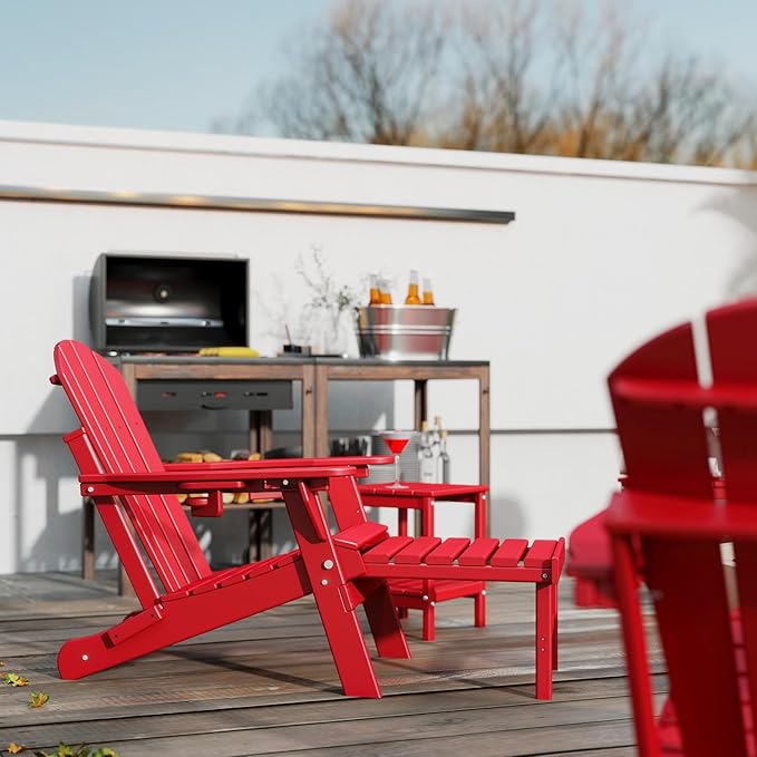 GREENVINES Adjustable Adirondack Chair with Retractable Ottoman Set of 4 | Folding | HDPE Plastic | Fire Pit Chairs w/Foot Rest | 2 Cup Holders | Red | for Outdoor Patio Poolside Deck