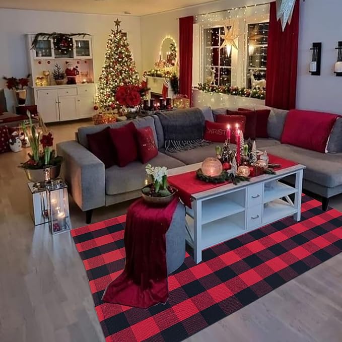 Christmas Outdoor Mat Buffalo Plaid Christmas Decor Rug Cotton Hand-Woven Layered Door Mats Washable Carpet for Front Porch, Kitchen, Farmhouse, Entryway