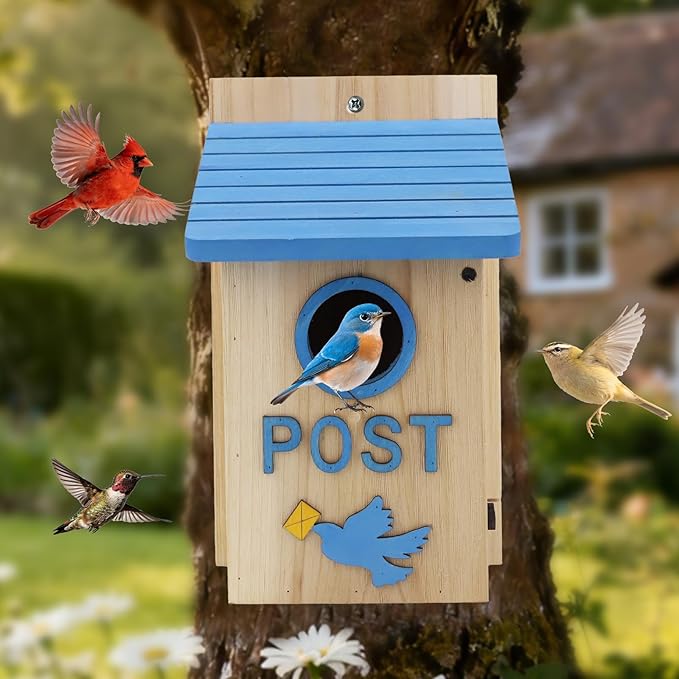 Wooden Bird Houses Bird House for Outside, Blue Wood Mailbox Bird House for Outdoors, Entrance Hole Bird House for Garden Blue Bird Hummingbird Wren Cardinal Swallow Sparrow Finch