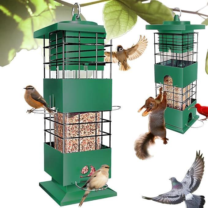 Squirrel Proof Bird Feeders for Outdoors, 3 LBS Large Birdfeeders Outside Hanging, Metal Bird Feeder with 4 Feeding Ports, Weight Activated Backyard Wild Bird Feeders for Finch, Cardinal, Bluebird
