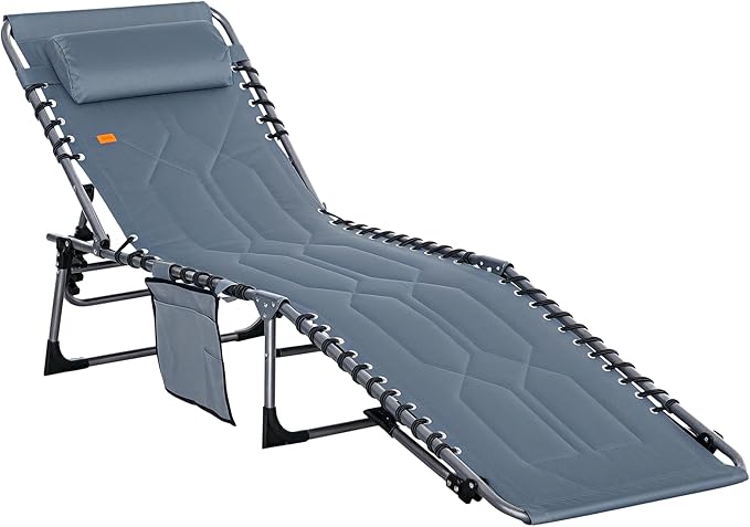 Outsunny Padded Folding Chaise Lounge Chair, Outdoor 6-Level Reclining Camping Tanning Chair with Headrest for Beach, Yard, Patio, Pool, Gray