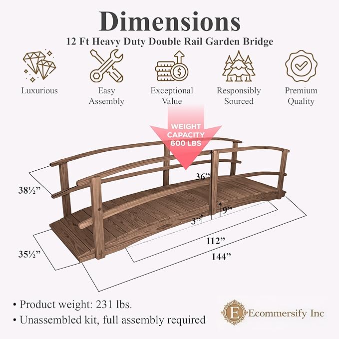 12 FT Walnut Amish Made Garden Bridge with Double Rails for Walkway, Backyard Pond & Landscaping, Outdoor Wooden Footbridge for Koi Pond, Japanese Style Decorative Bridge, Made in USA