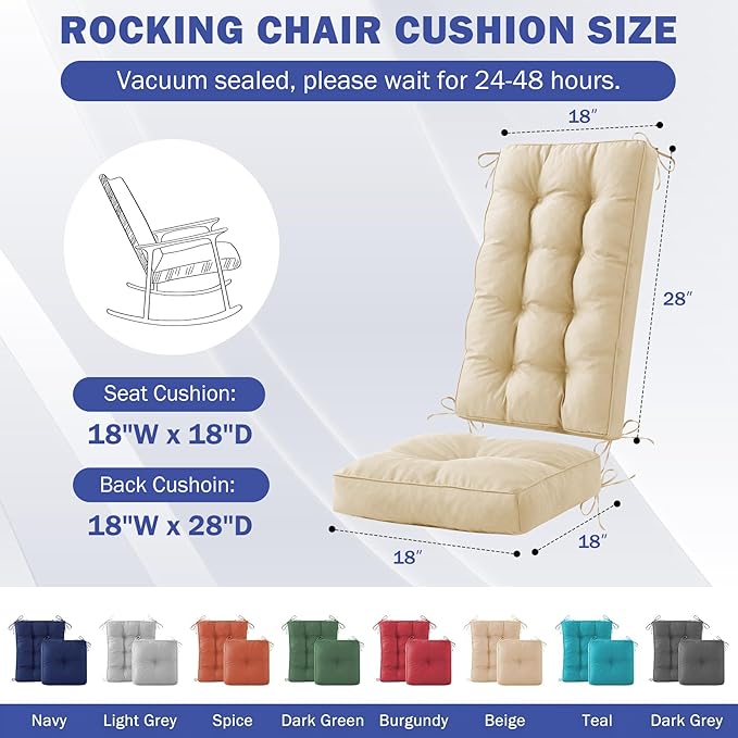 Rocking Chair Cushion, Waterproof and Fade-Resistant Patio Chair Cushions, Tufted Chair Pads for Rocker Furniture, 18x18 Inch, Indoor/Outdoor Seat Cushions with Ties, Beige
