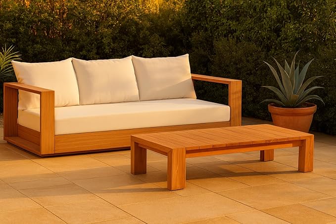 Meridian Furniture 353White-S Tulum Collection Modern | Contemporary Water Resisting Fabric Outdoor Sofa with Solid Teak Wood Frame, Off White Resilient Fabric, 87" W x 33.5" D x 22.5" H, White