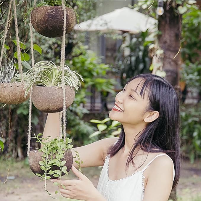 Rainforest Bowls Set of 2 3-Tier Hanging Coconut Planters w/Drainage - Perfect for Succulents, Flowers, Small Plants, Indoor & Outdoor Gardens- Handcarved by Artisans, Eco-Friendly & Sustainable