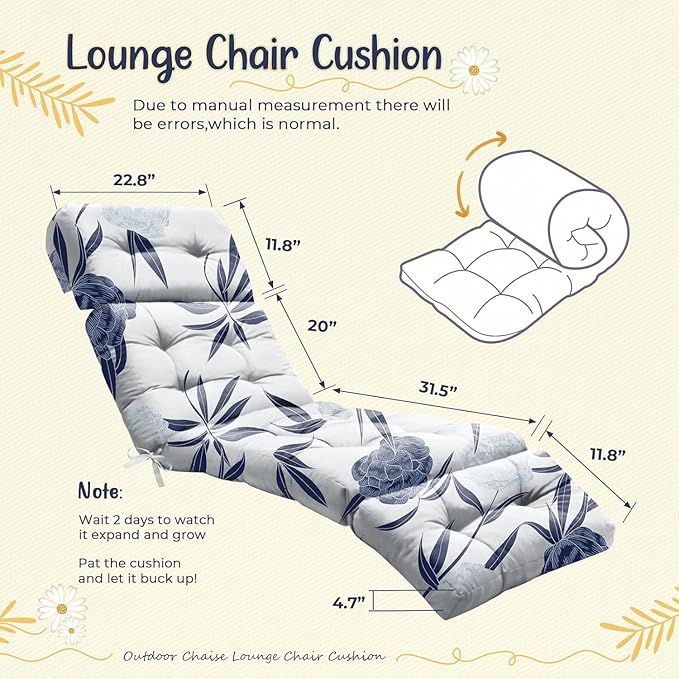 4 Pack Outdoor Chaise Lounge Chair Cushion 75.1 x 22.8 x 4.7 Inches 100% Waterproof Replacement Cotton Patio Pool Lounge Chair Cushion for Outdoor Furniture with Ties, Blue Enchantress