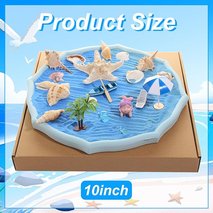 Desktop Zen Garden Kit -Ocean Themed Zen Decor Sand,Natural Shells Starfish Conch, Mermaid Resin Summer Beach Desktop Decorations,Zen Office Desktop Decoration Gift(Blue)