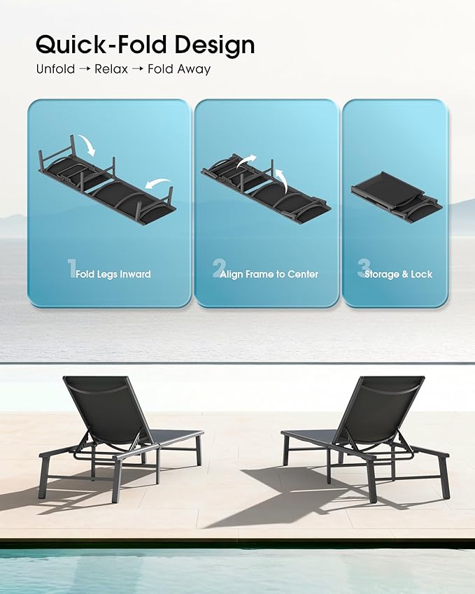 Ciokea Foldable Outdoor Lounge Chair, No Assembly Patio Chaise Lounge Outdoor with 5-Positions, Aluminum Pool Lounge Chair with Portable Design for Pool, Beach, Deck, Backyard, Black