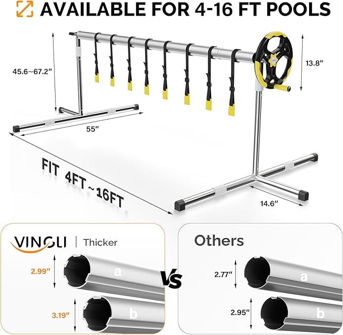 VINGLI 16 FT Pool Cover Reel Set, Adjustable Solar Cover Reel for Above Ground Pools with 4' to 16' Width & Adjustable 45.6” - 67.2” Height